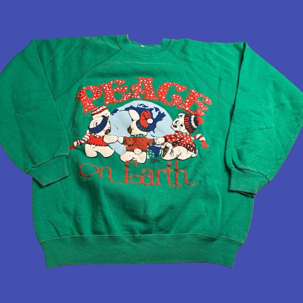 Festive Large "Peace On Earth" Teddy Bear Sweatshirt Christmas Holiday Green Vtg